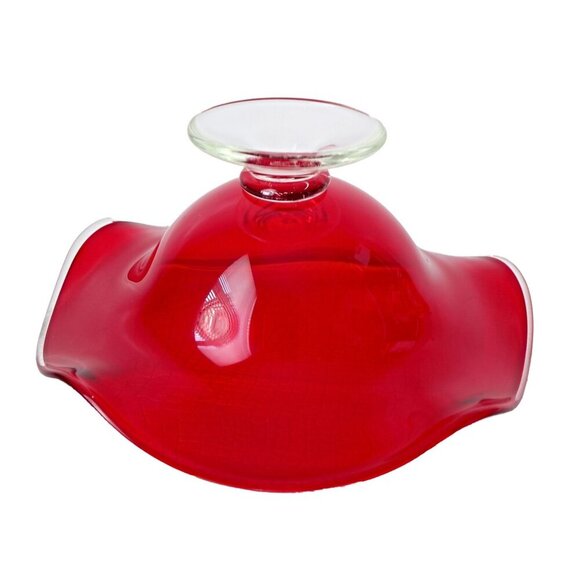 Red Hand Blown Art Glass Bowl Dish Compote Clear Pedestal Ruffle Silver Crest - Picture 3 of 3